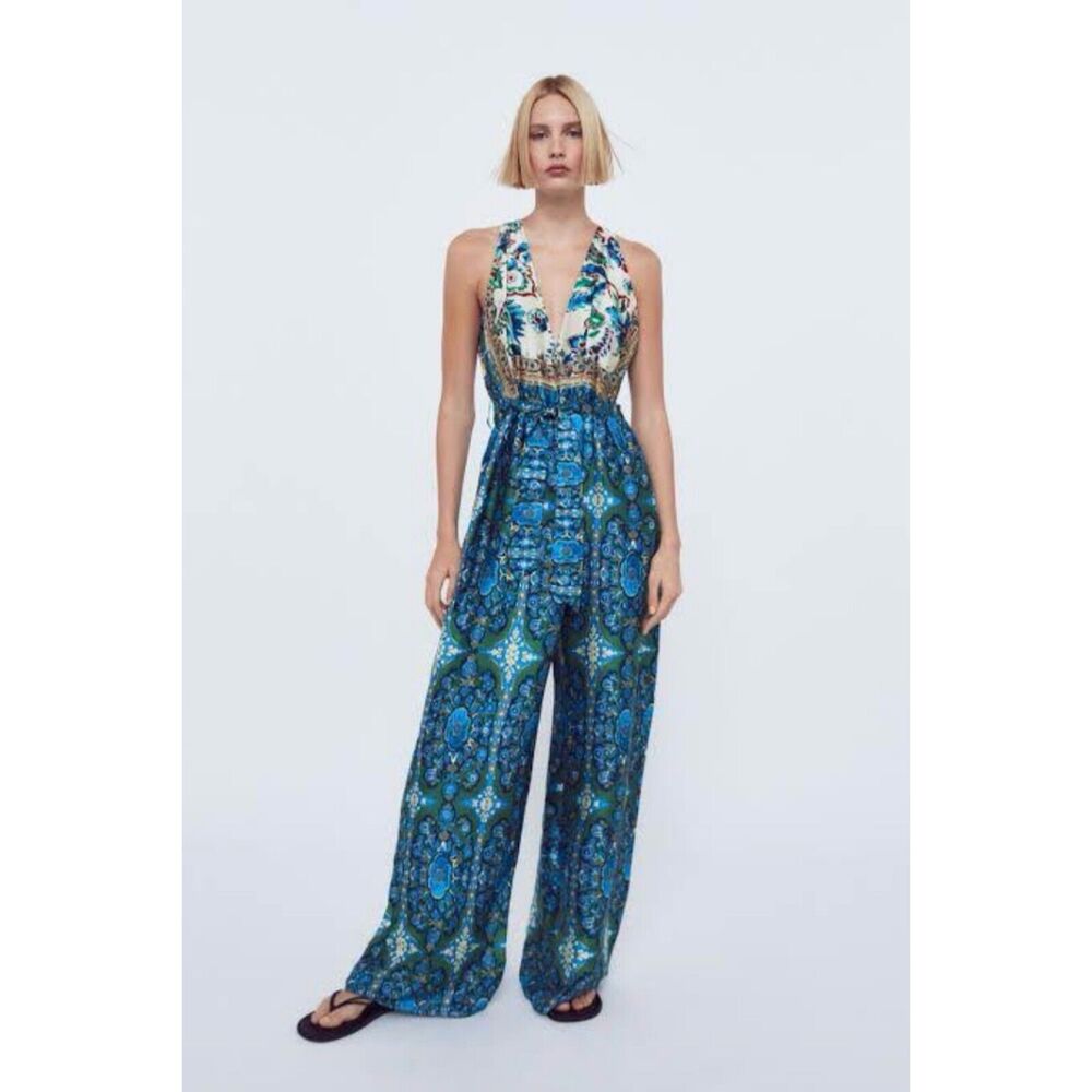 NEW Zara Size L Wide Leg Satin Jumpsuit Paisley Floral Sleeveless Mixed Print